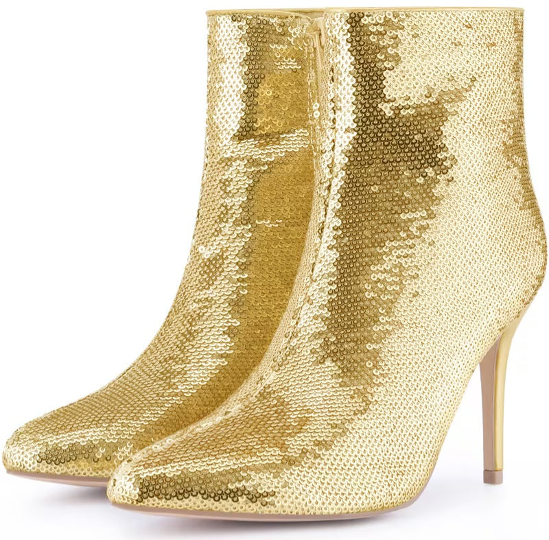 Sexy Metallic Gold Sequin Stiletto Ankle Boots