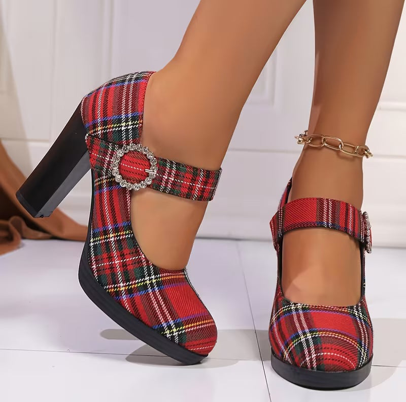 Collegecore Scottish Inspired Red Royal Stewart Tartan Plaid Mary Jane Round Toe Crystal Buckle Heels