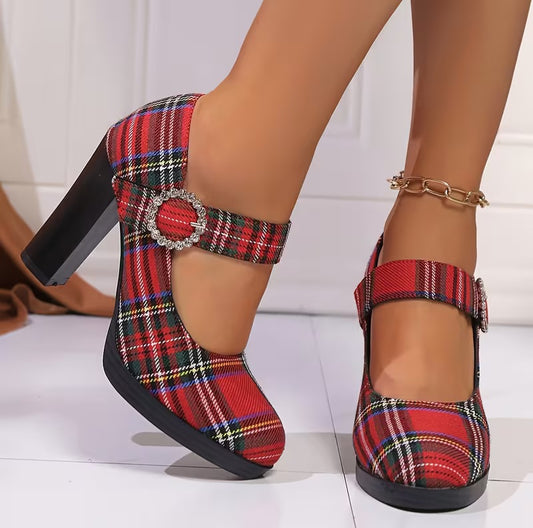 Collegecore Scottish Inspired Red Royal Stewart Tartan Plaid Mary Jane Round Toe Crystal Buckle Heels