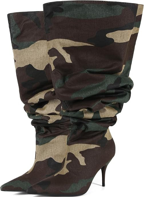 Sexy Green & Brown Camouflage Slouchy Thigh Boots