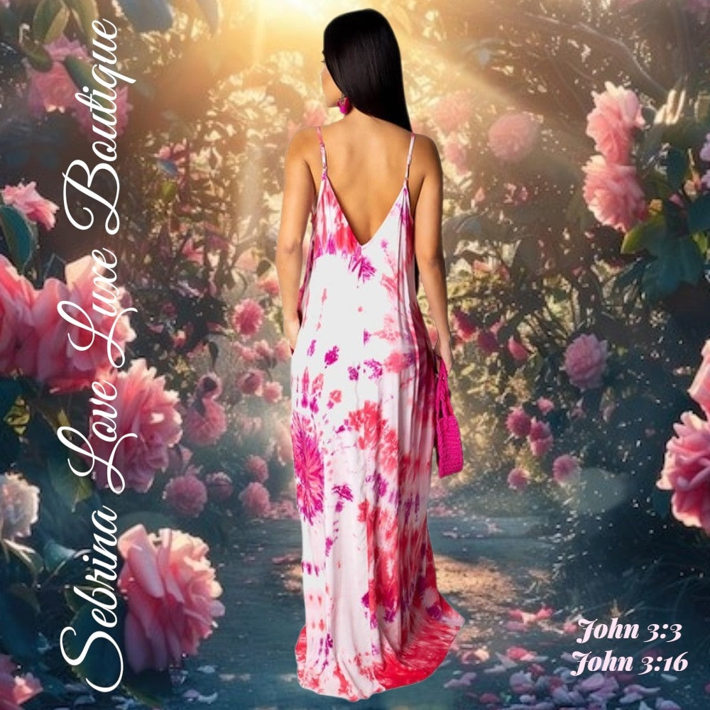 Hippie Boho Festival Pink Tie Dye Maxi Dress