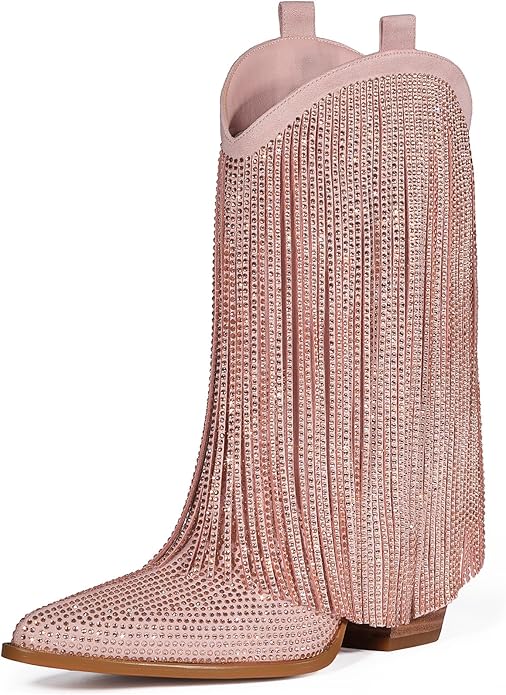 Beautiful Champagne Pink Boho Festival Rhinestone Crystal Diamante Fringe Western Boots