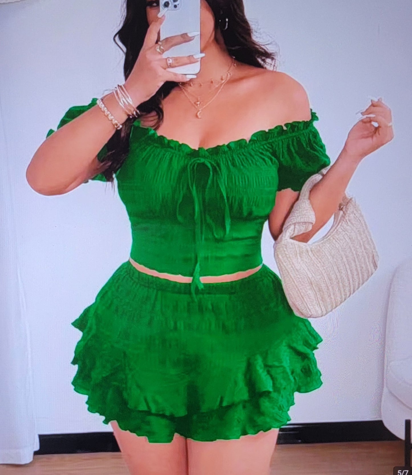 Flirty Kelly Green Off The Shoulder Smocked Top & Skort Set