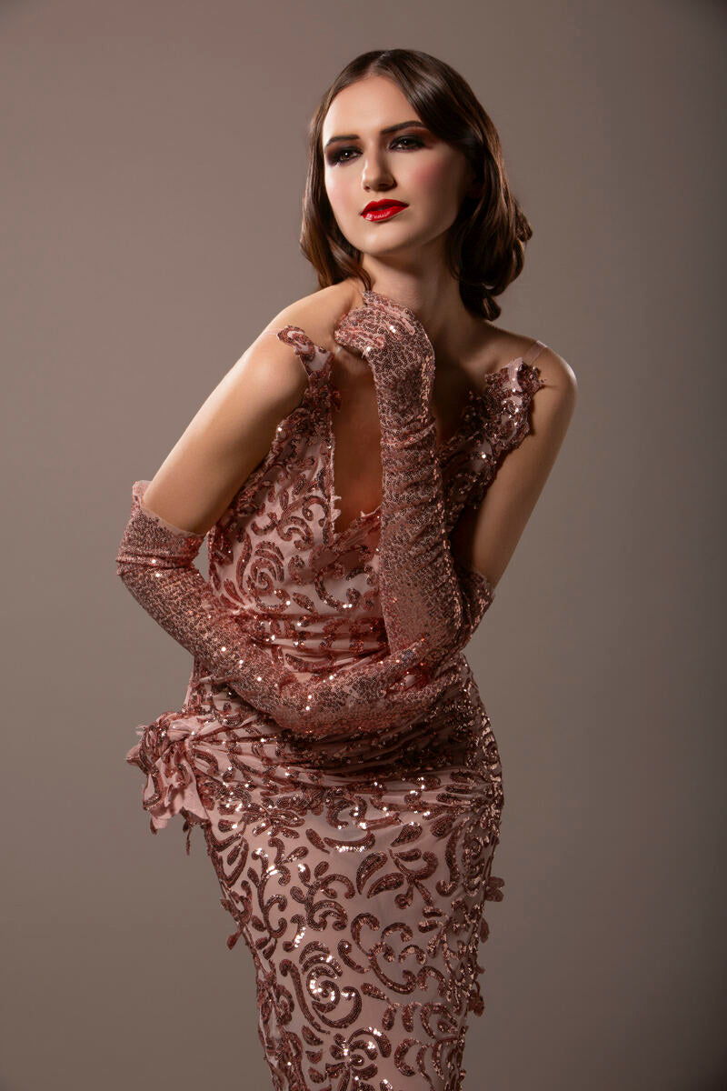 SAMPLE GOWN ONLY "TONI" Rose Gold Embroidered Sequin Lace Gatsby Hybrid Sheath Mermaid Wedding Gown Set