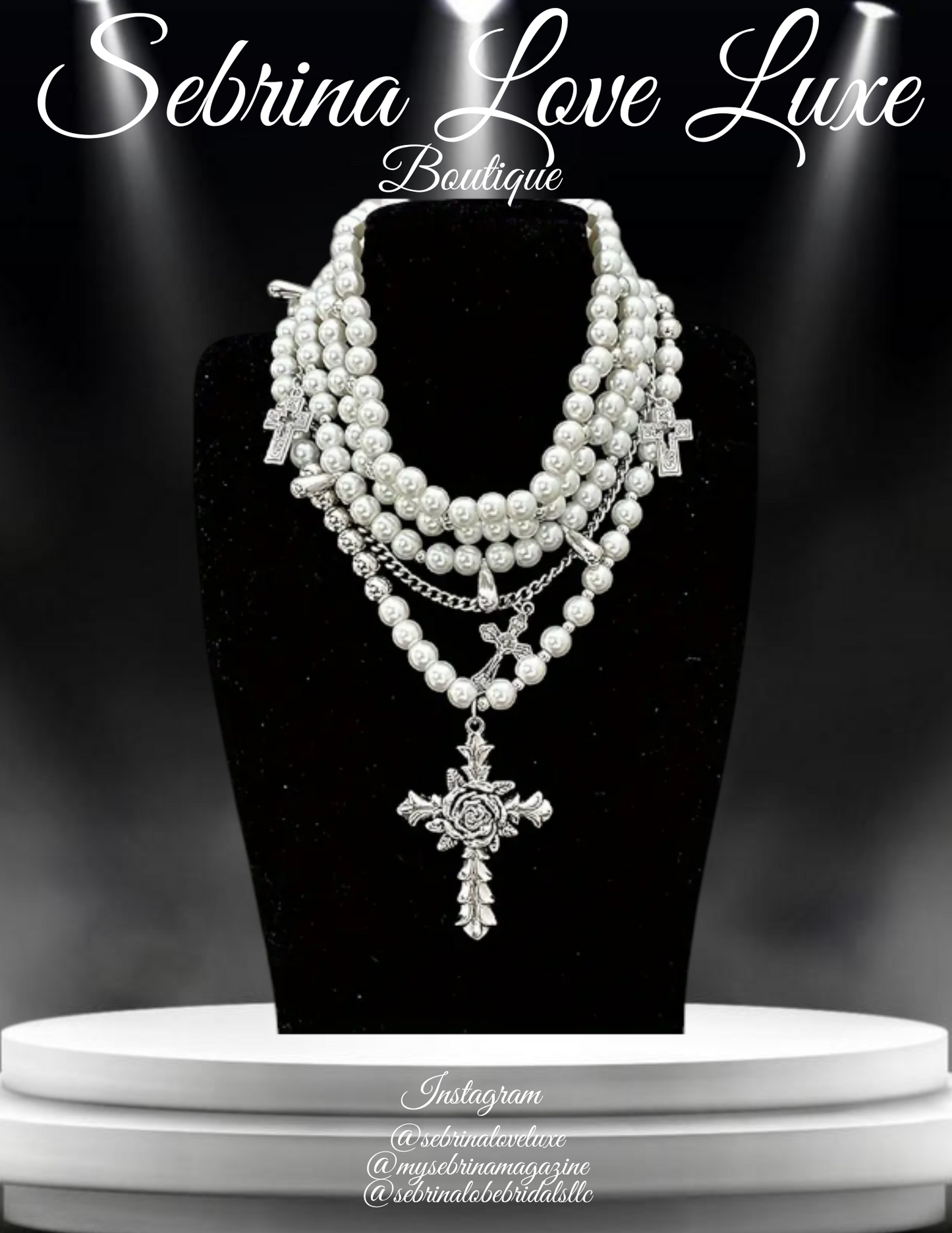 Romantic Medieval Multi-Strand  Faux Pearl Rhinestone Cross Necklace