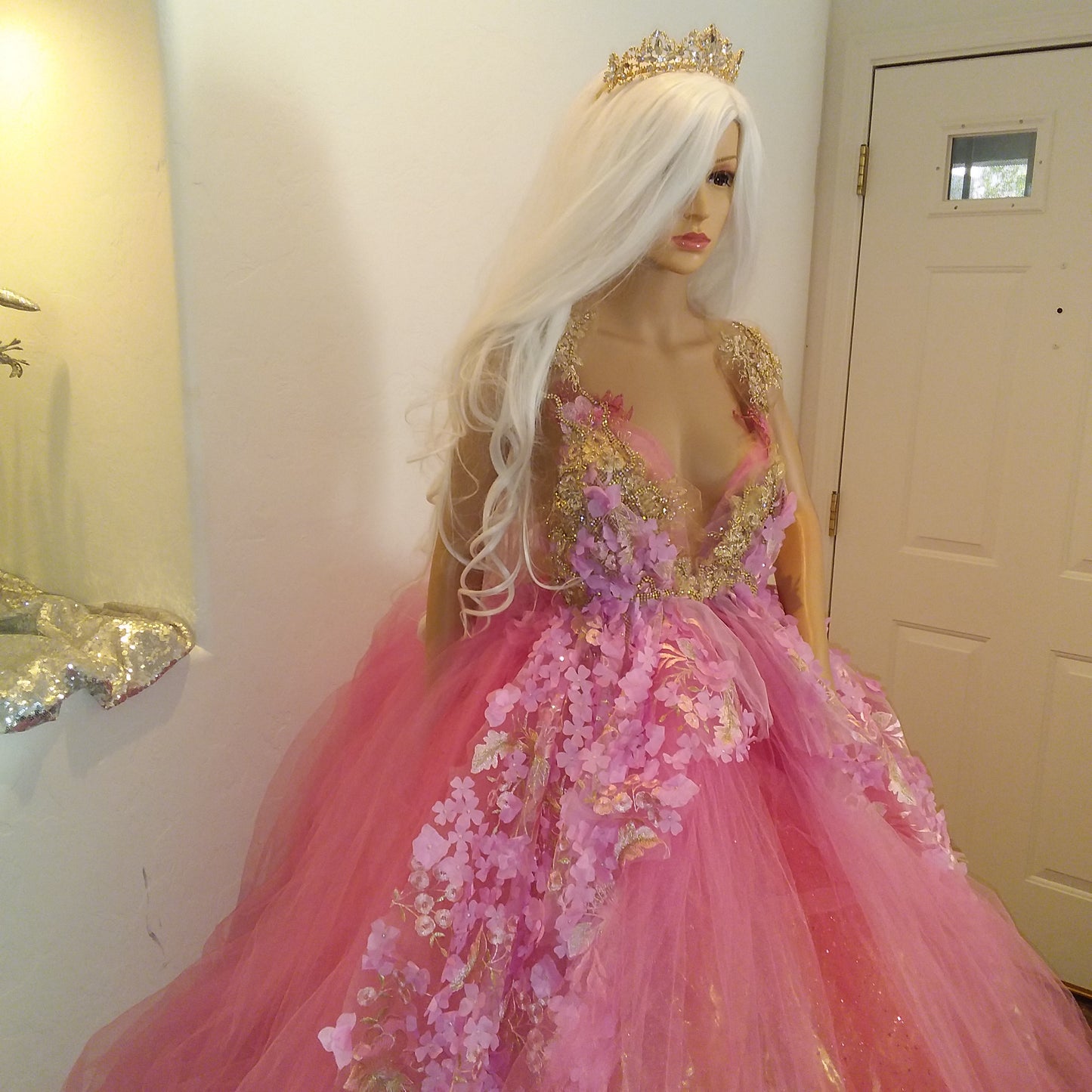 "HOPE" Pink & Gold Embroidered 3D Lace Crystal Beaded Wedding Ballgown Set