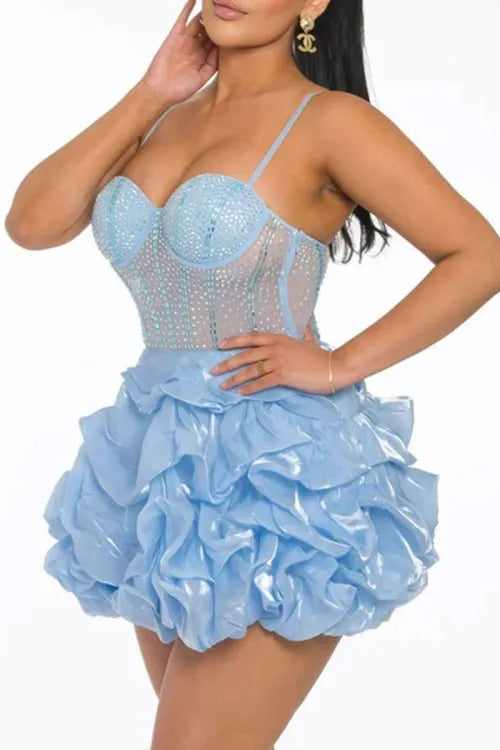 Sexy Light Blue Corset Ruffle Mini Dress
