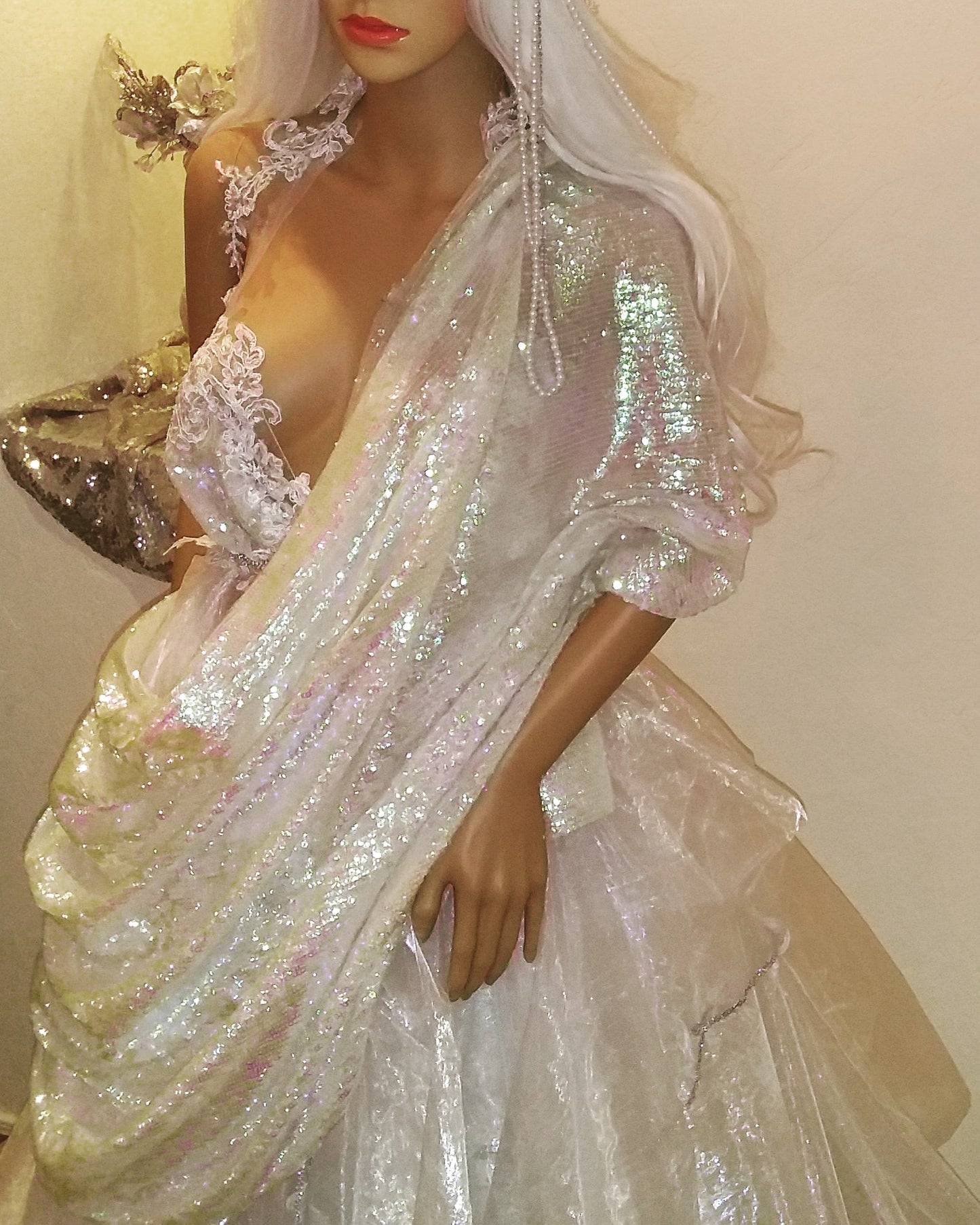 Exotic "ANIKA" White Lace & Tulle Sequin Lehenga Saree Wedding Ballgown Set