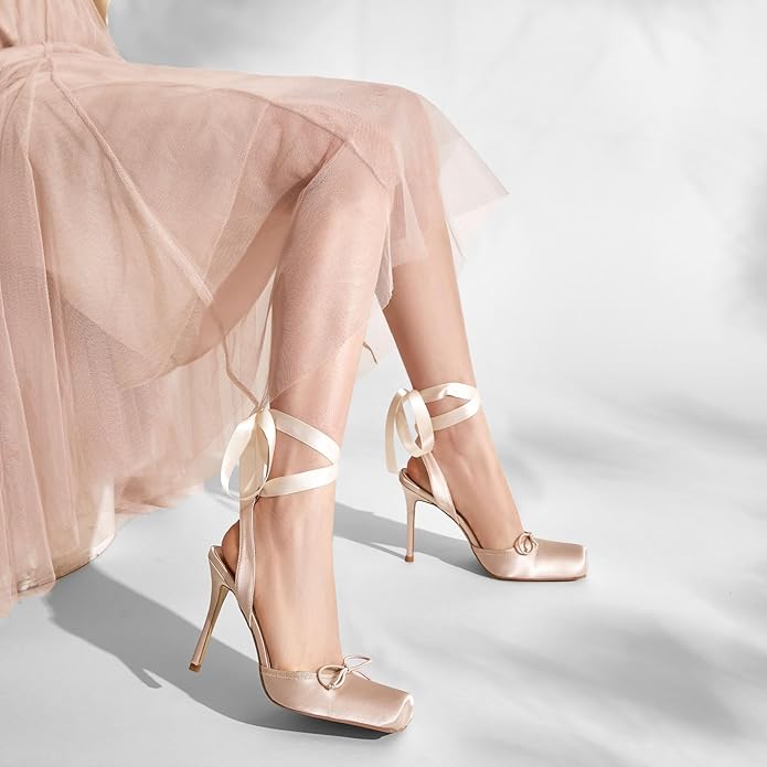 Elegant Romantic Nude Blush Satin Ribbon Ankle Tie Ballerina Heels