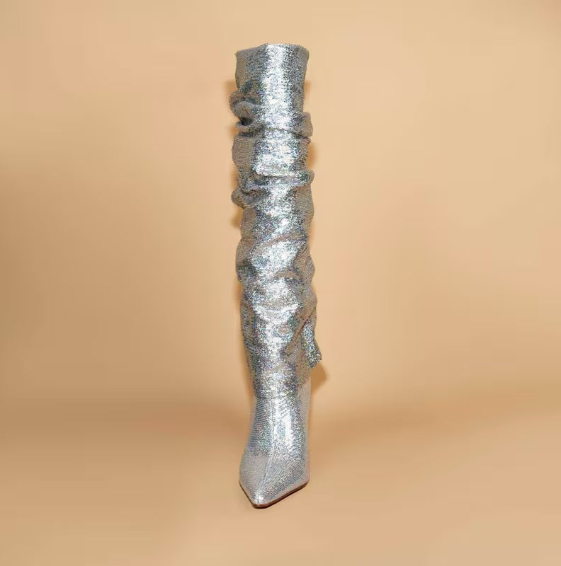 Sexy Metallic Silver Sparkly Slouchy Knee Boots