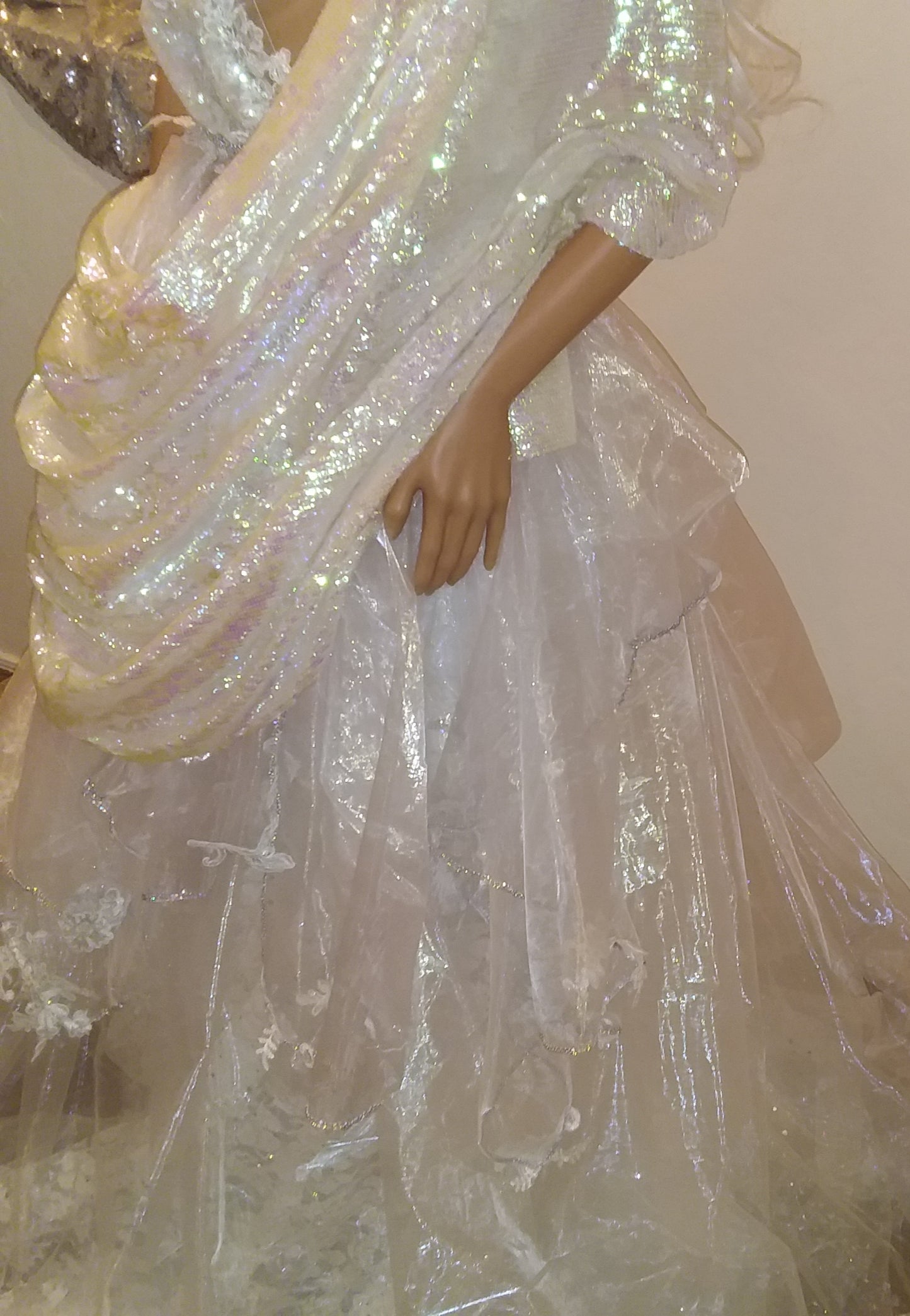 Exotic "ANIKA" White Lace & Tulle Sequin Lehenga Saree Wedding Ballgown Set