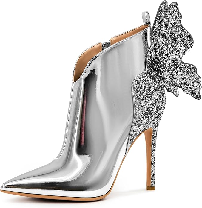 Silver Butterfly Sparkly Stiletto Ankle Boots