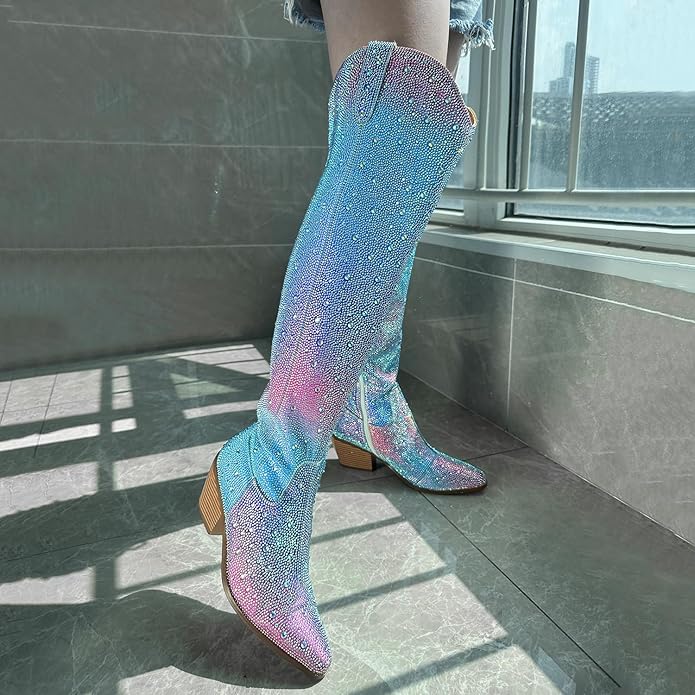 Beautiful Rainbow Unicorn Rhinestone Crystal Diamante Over The Knee Thigh Boots