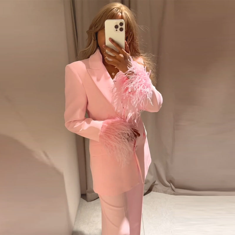 Beautiful Baby Pink Feather Cuff Blazer Jacket & Pants Suit Set