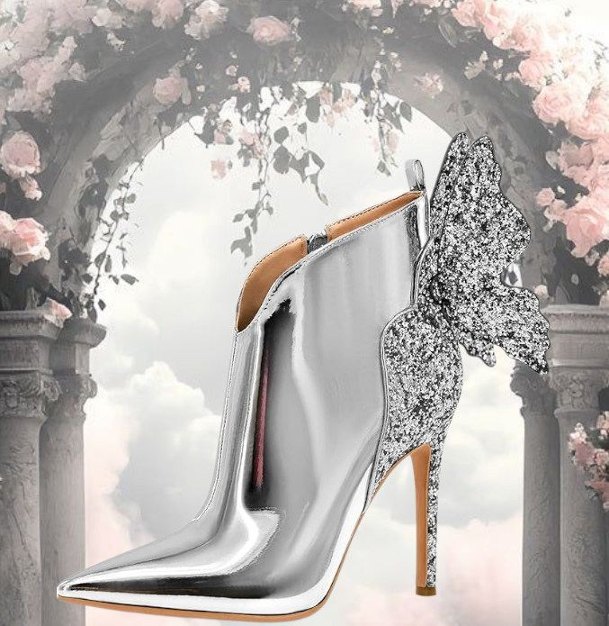 Silver Butterfly Sparkly Stiletto Ankle Boots