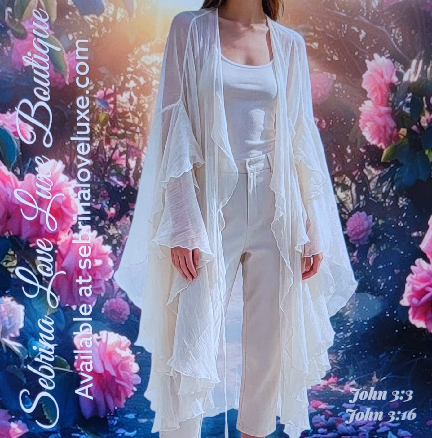 Exotic Ivory Chiffon Asymmetrical Flowy Boho Festival Kimono