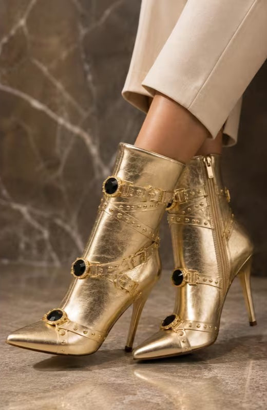 Chic Metallic Gold Stiletto Ankle Boots