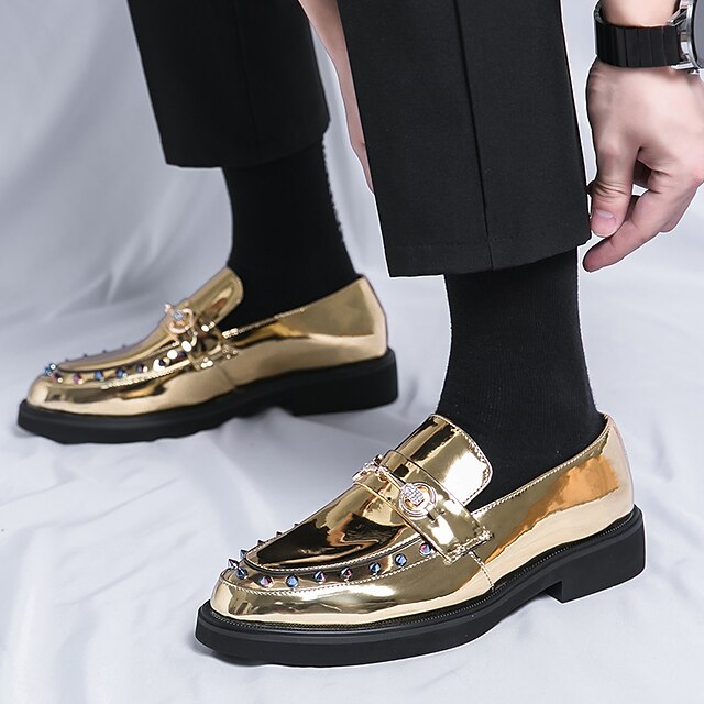 Men's Metallic Gold Mirror Multicolor Jewel Spiked Loafers