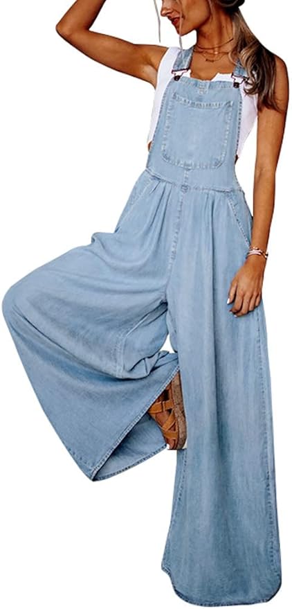 Boho Light Blue Denim Wide Leg Overalls Jumpsuit