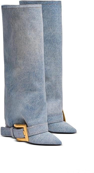Chic Light Wash Blue Denim Foldover Buckle Detail Knee Boots