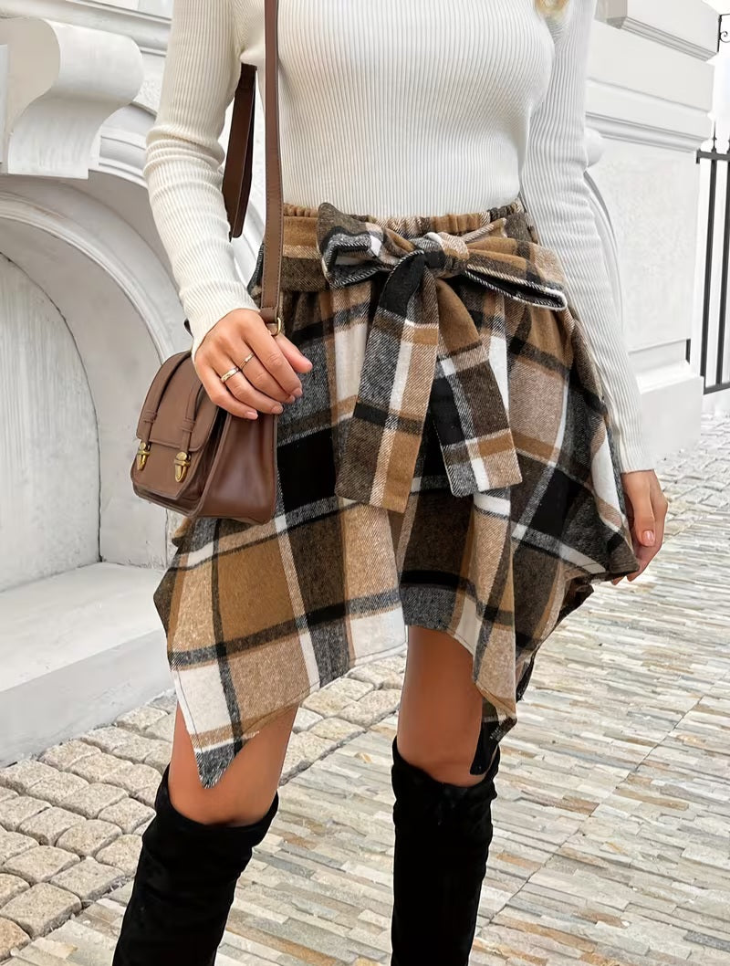 Flirty Cool Brown White & Black Plaid Asymmetrical Handkerchief Mini Skirt