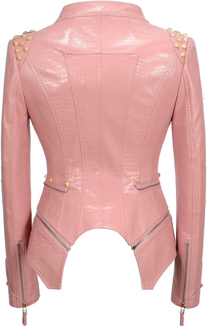 Edgy Pink Studded Faux Leather Rocker Biker Jacket