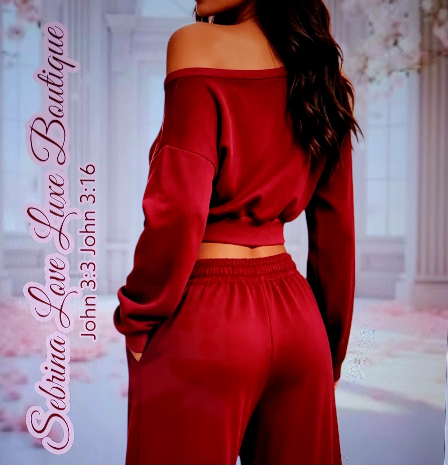 Cozy Deep Red Cropped Sweatshirt & Wide Leg Jogger Set