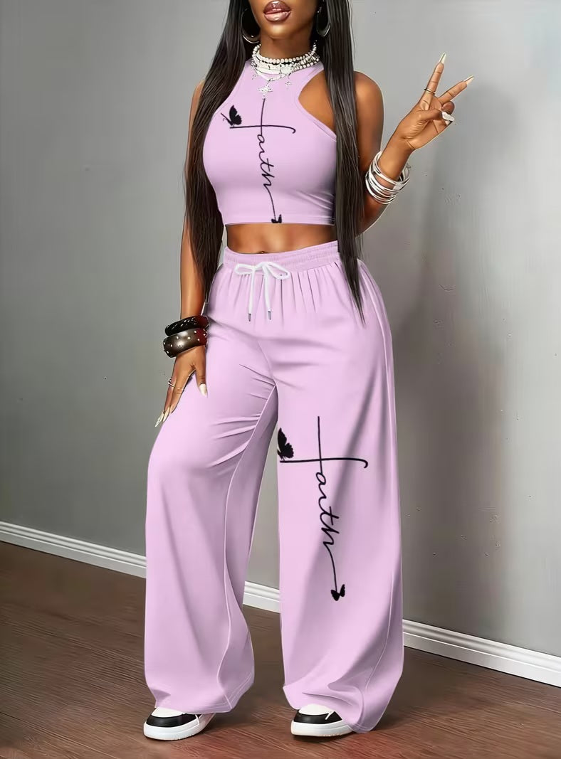 "FAITH" 2pc Graphic Lavender & Black Tank Top & Wide Leg Jogger Set