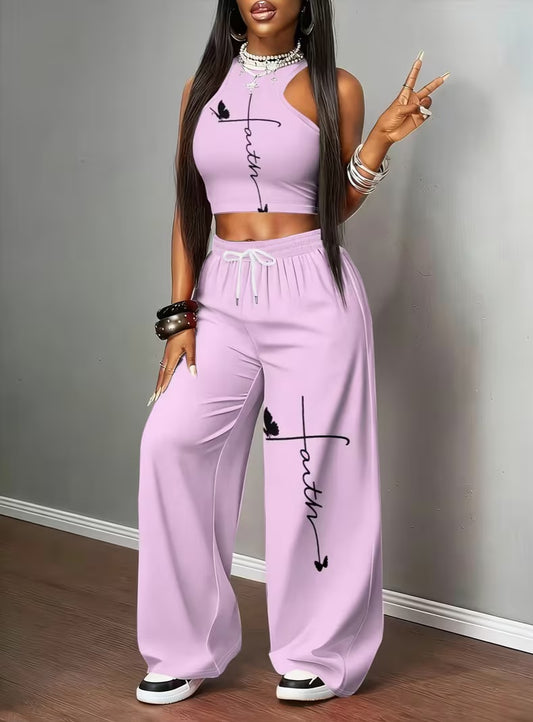 "FAITH" 2pc Graphic Lavender & Black Tank Top & Wide Leg Jogger Set