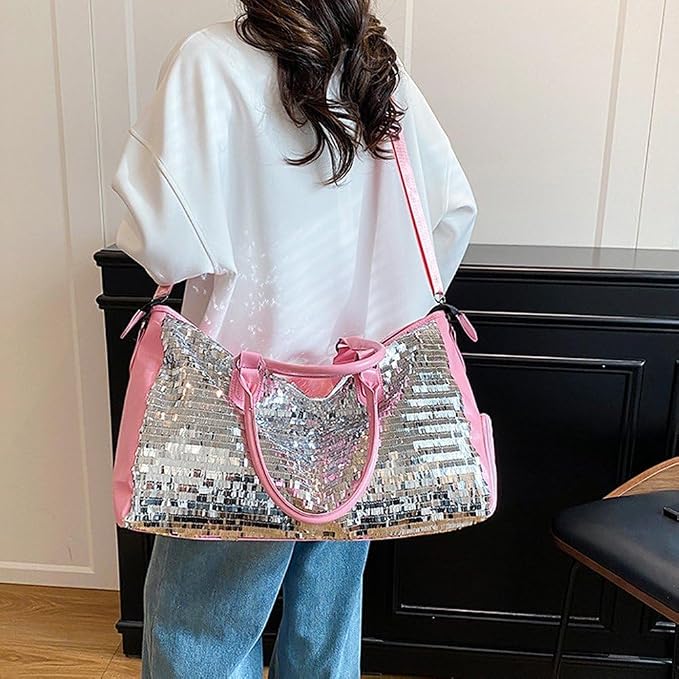 Beautiful Sparkling Silver & Pink Sequin Carry-on Overnight Luggage Bag