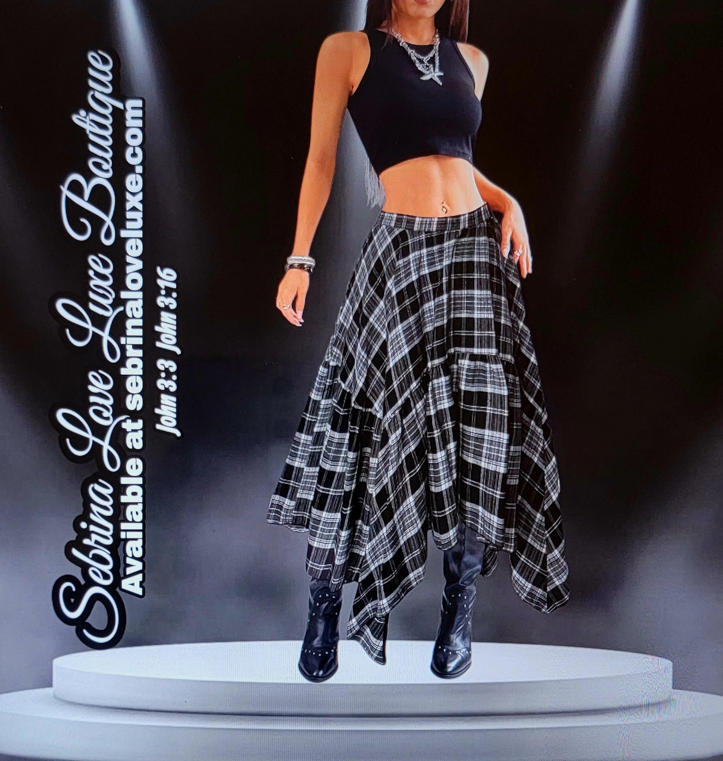Grunge Goth Black & White Plaid Asymmetrical Handkerchief Midi Skirt