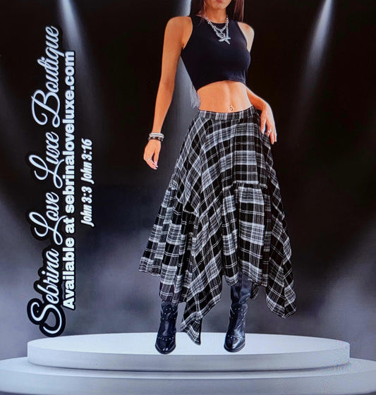 Grunge Goth Black & White Plaid Asymmetrical Handkerchief Midi Skirt