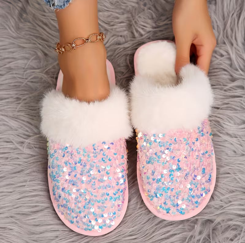 Sparkling Iridescent Pink Sequin Women's Loungewear Slipper Shoes