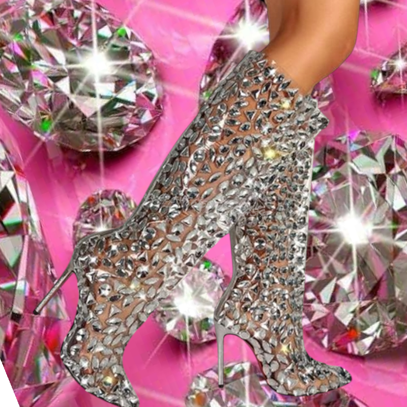 Beautiful Rhinestone Crystal Diamante Knee Boots