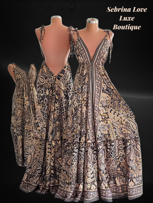 Exotic Black & Gold Floral Backless Maxi Dress