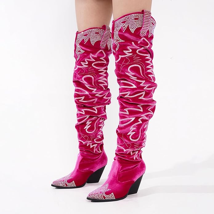 Rustic Chic Pink Velvet Western Festival Western Over The Knee Boots