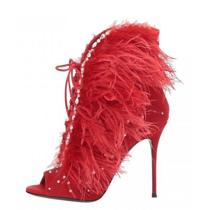 Chic Red Bejeweled Feather Ankle Booties