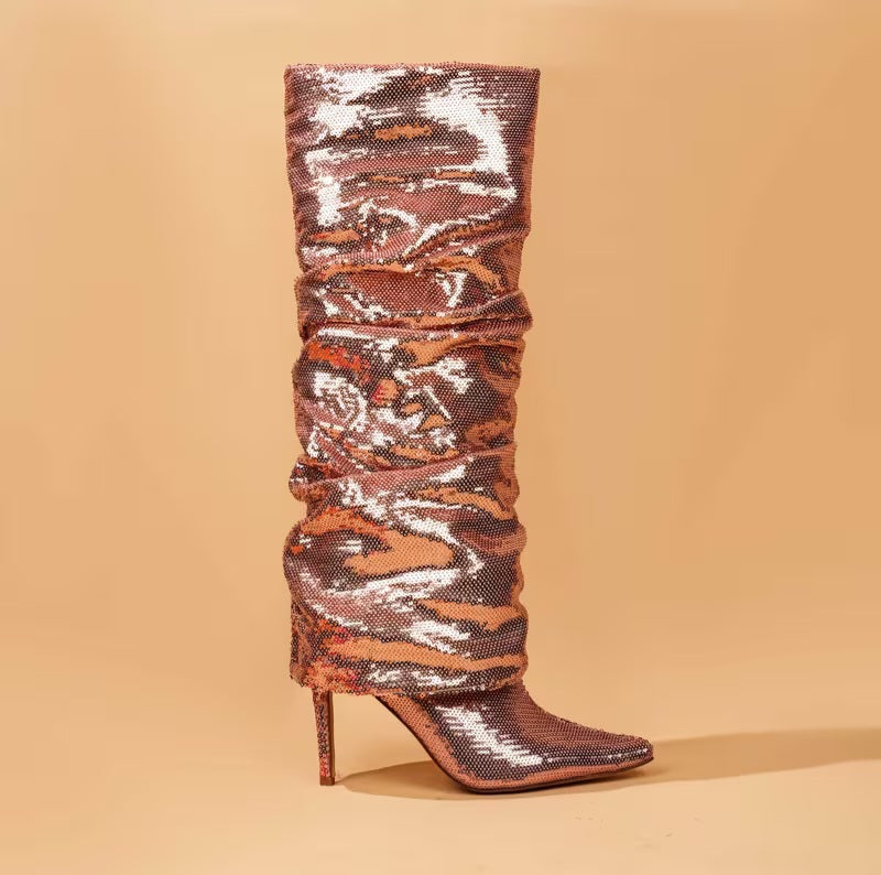 Sexy Metallic Rose Gold Sparkly Slouchy Knee Boots