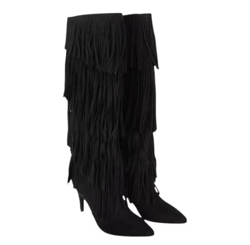 Boho Festival Black Fringe Heeled Boots