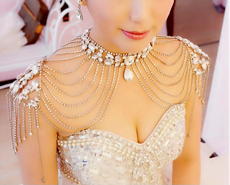 Elegant Crystal Diamante Rhinestone Bejeweled Choker Shoulder Draped fringe Necklace
