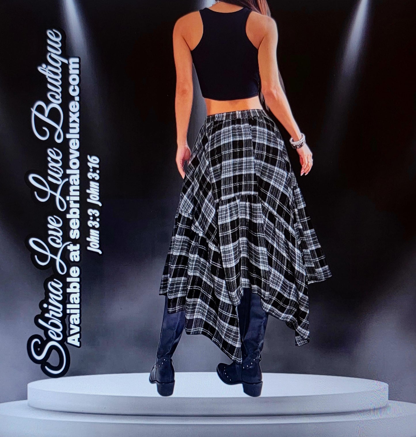Grunge Goth Black & White Plaid Asymmetrical Handkerchief Midi Skirt