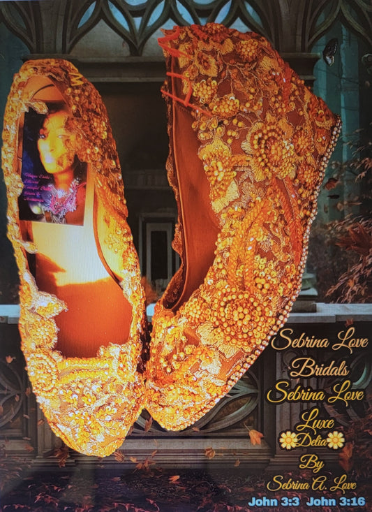 Elegant Vintage Inspired Gold Beaded Bejeweled Low Wedge Wedding Heels