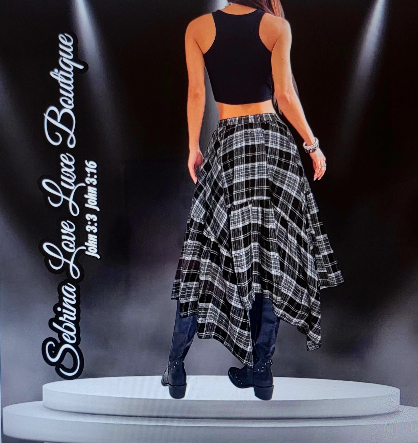 Grunge Goth Black & White Plaid Asymmetrical Handkerchief Midi Skirt