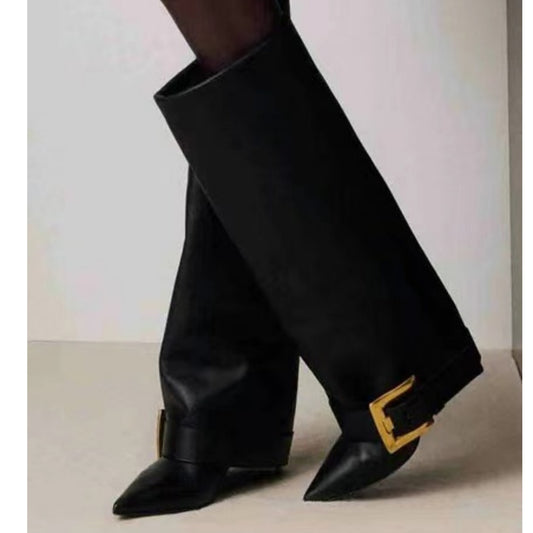 Sleek Black Foldover Buckle Detail Knee Boots