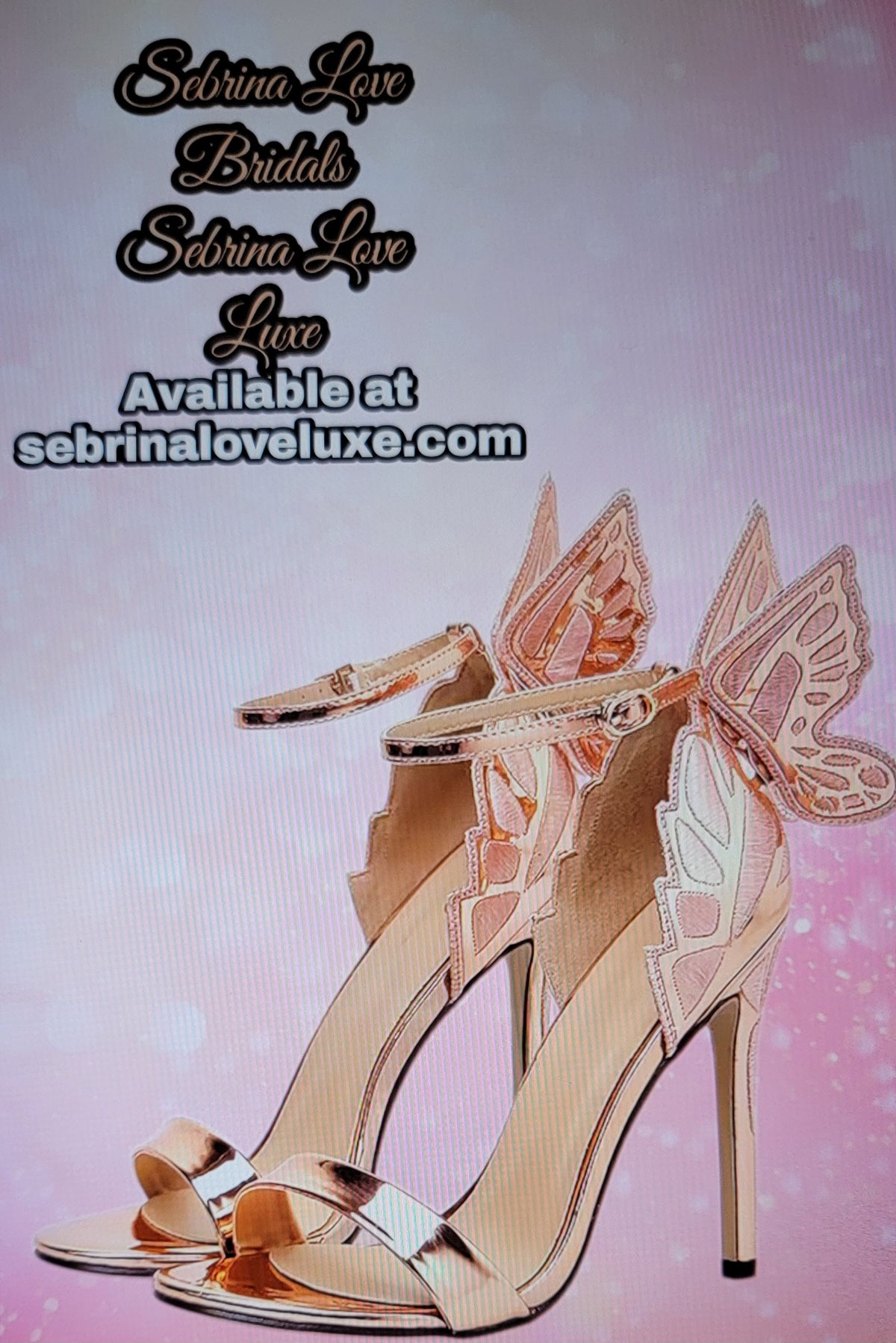 Ethereal Champagne Rose Gold Sparkling Butterfly Ankle Strap Sandal Heels