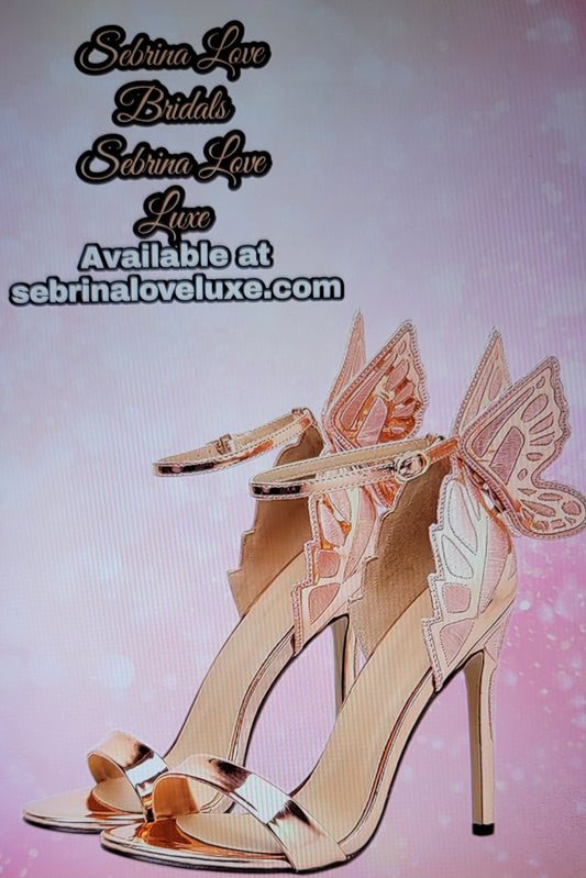 Ethereal Champagne Rose Gold Sparkling Butterfly Ankle Strap Sandal Heels