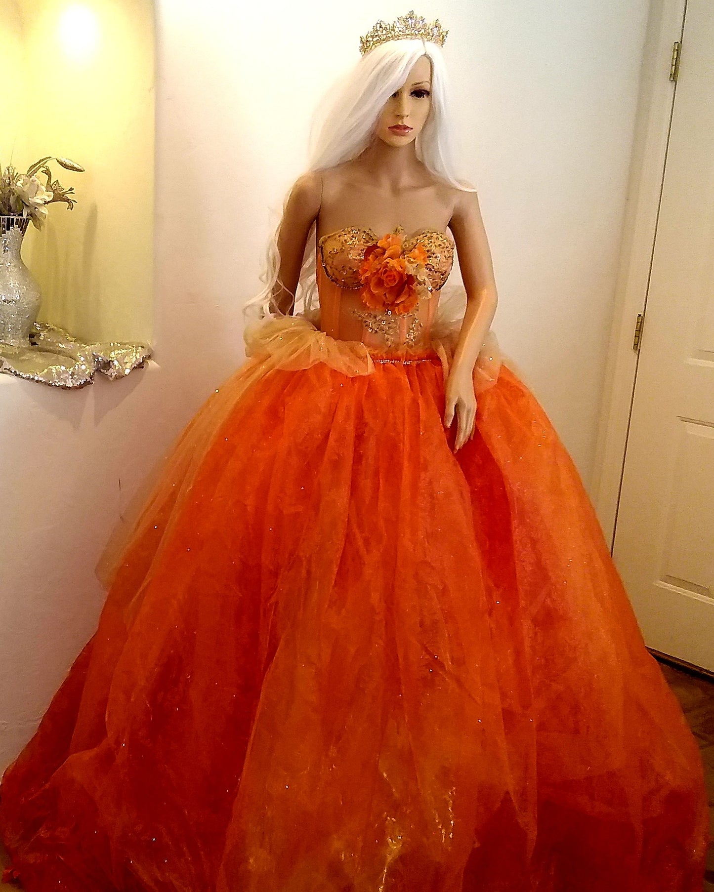 The "AUTUMN" Crystal Orange & Embroidered Lace Boho Festival Wedding Ballgown Set (Custom Order)