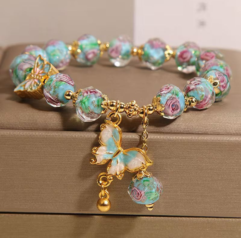 Romantic Victorian Vintage Inspired Ocean Blue & Gold Rose Butterfly Bead Rose  Bracelet