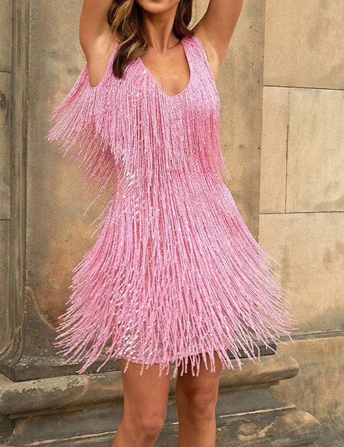 Sexy Light Pink Fringe Party Dress