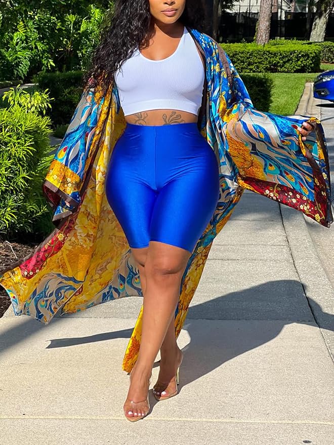 Exotic Orange,Gold & Blue Multicolor Kimono Robe Duster Maxi Coat